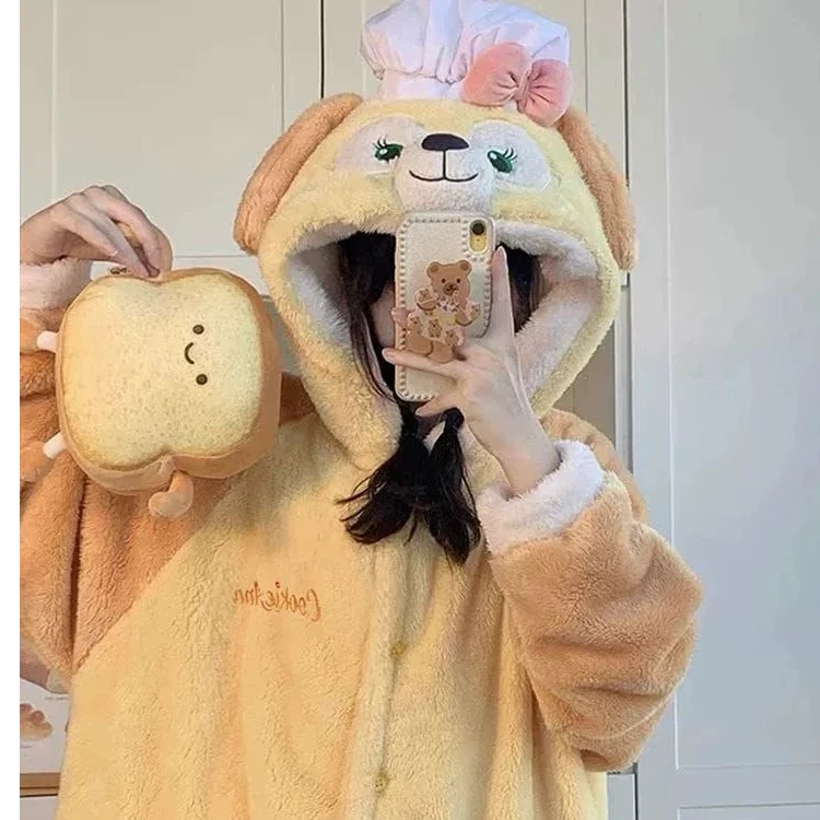 厨师狗珊瑚绒睡衣可爱黄油饼饼卡通女款连帽睡袍毛绒贝儿加厚套装