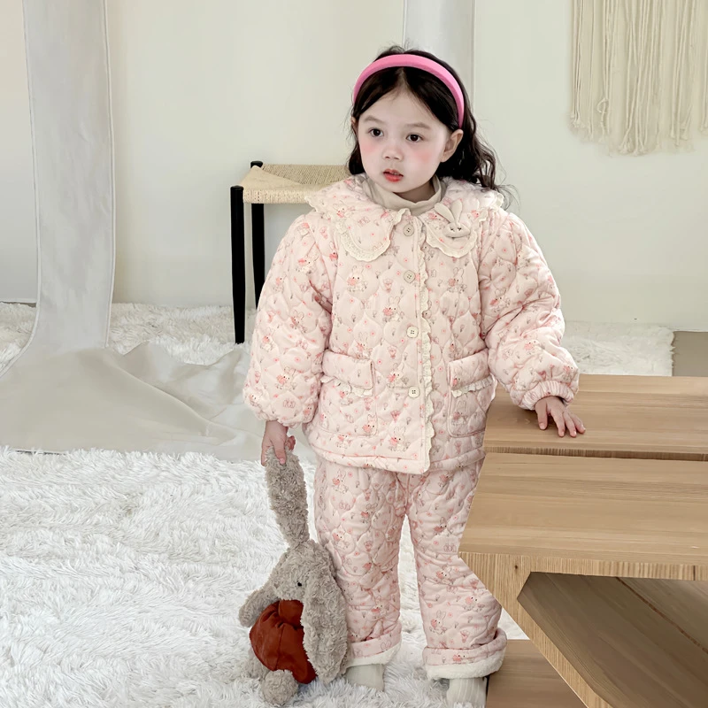 女童冬季新品 灯芯绒睡服 加绒三层夹棉睡衣家居服套装甜美萌爆款