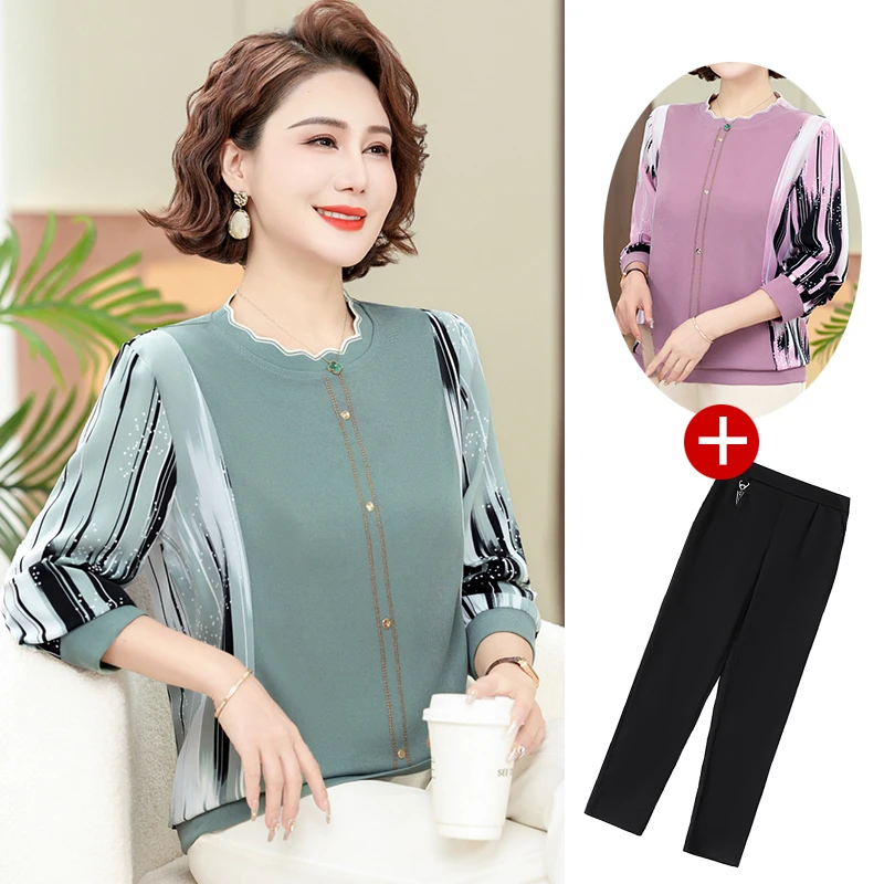 妈妈春装针织小衫洋气薄款t恤中老年女装春秋长袖打底衫上衣大码