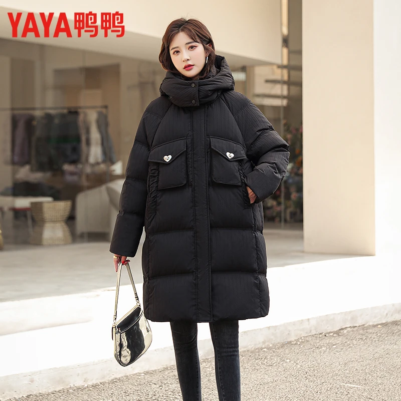 YAYA/鸭鸭羽绒服中长款纯色保暖韩冬版长款厚款冬季时尚女士外套