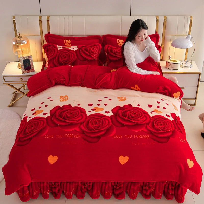 8-9斤加厚牛奶绒四件套加绒双面保暖珊瑚绒被套毛绒床单床裙冬季