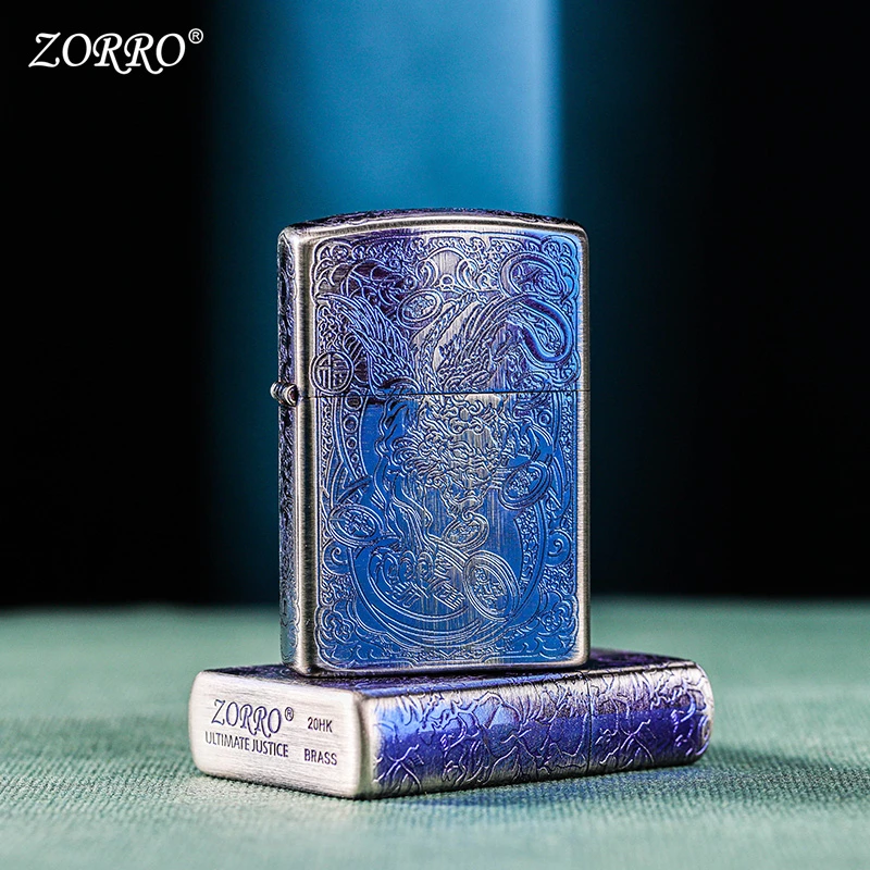 佐罗/ZORRO熏蓝貔貅防风煤油打火机复古精雕创意蓝冰纯铜砂轮男士