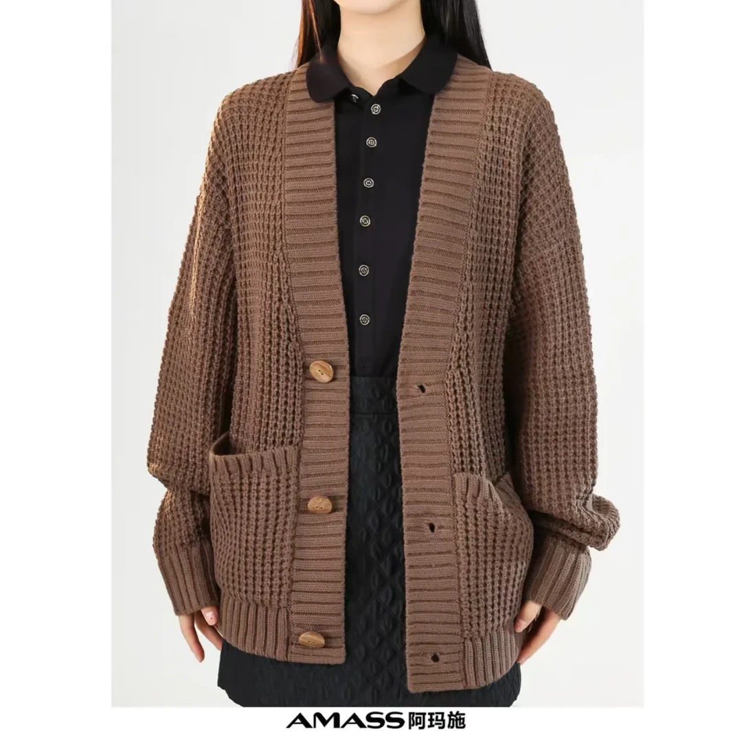AMASS/阿玛施【秋日华夫】V领时尚气质华夫格长袖针织开衫女5499286