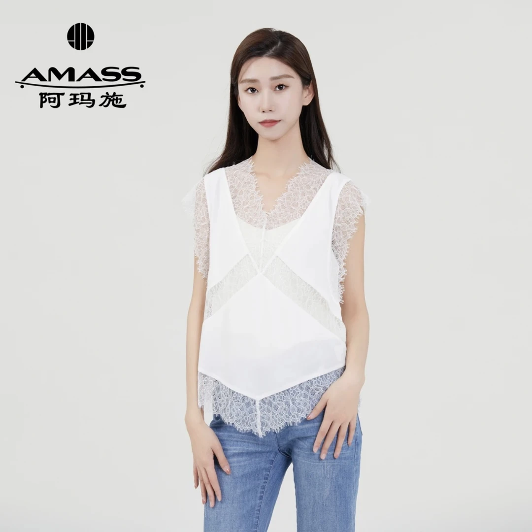 AMASS 阿玛施夏季时髦气质色蕾丝镂空无袖打底拼接上衣5300598