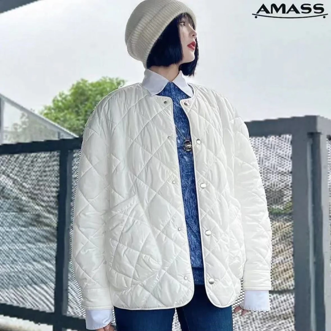 AMASS/阿玛施宽松休闲百搭冬季保暖软糯ins圆领菱格棉服5400730