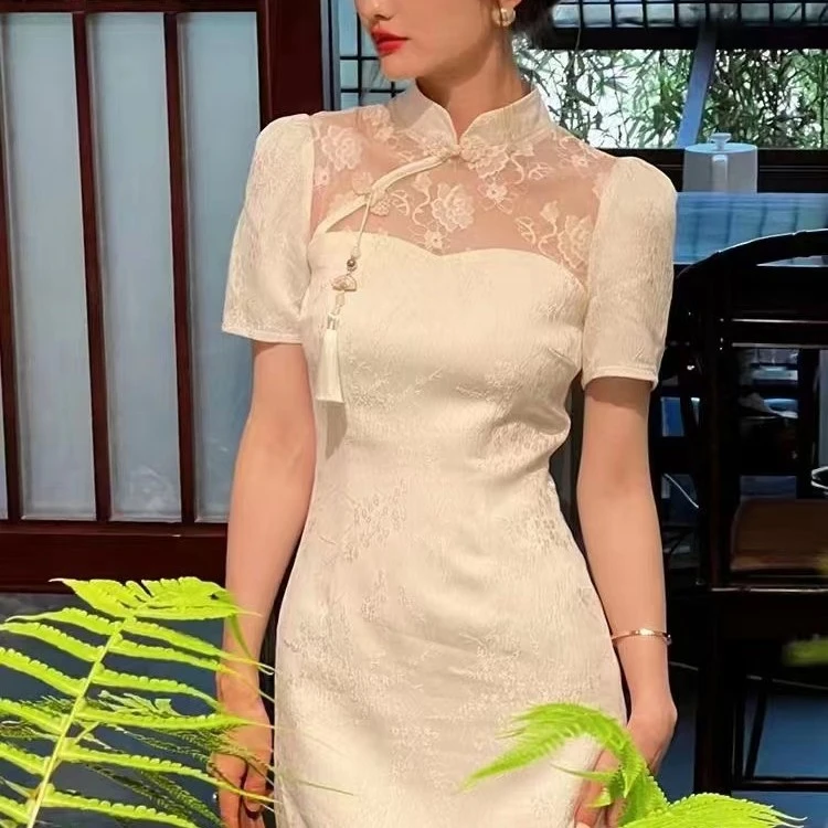 B88760 新款蕾丝提花高腰国风连衣裙旗袍