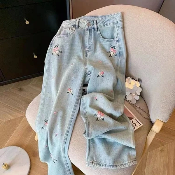 春日浪漫~国风万针花朵刺绣复古水洗牛仔裤 K2166