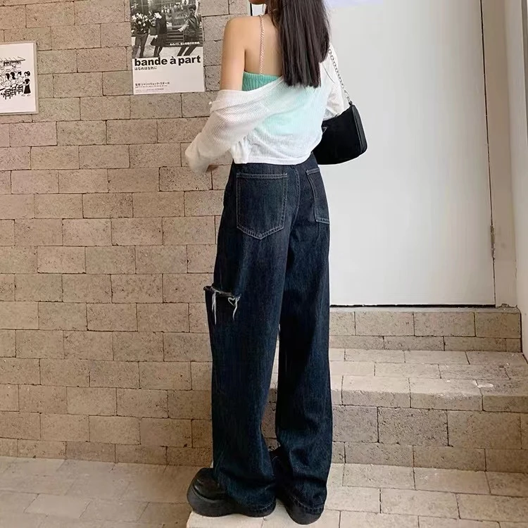 高腰直筒阔腿裤显瘦百搭设计牛仔裤 C8004
