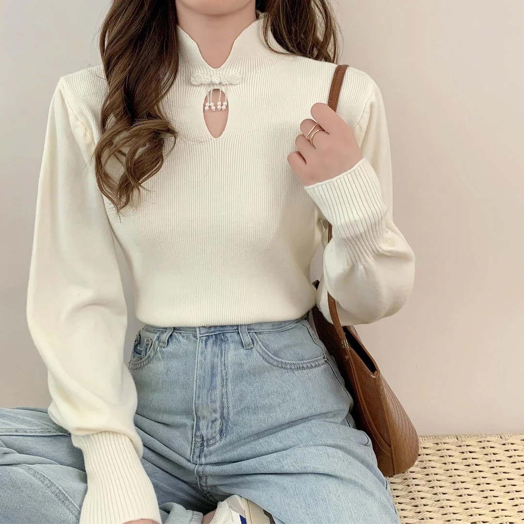 A9410 秋冬国风盘扣复古风格纯色款针织套头衫 XX