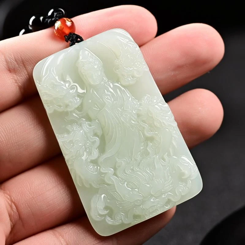 纯天然和田玉时尚御龙观音九龙护主玉牌男女同款手工精雕颈饰挂件
