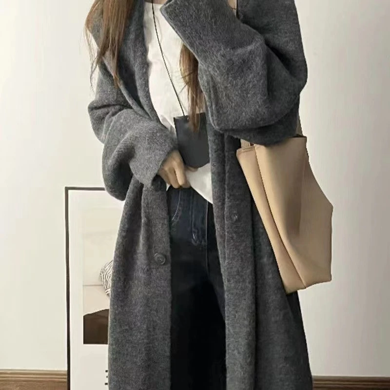 秋冬新款针织开衫女中长款大码毛衣外套宽松连帽大衣网红时尚百搭
