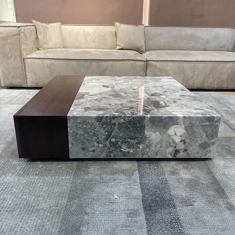 微色彩天然石奥利奥灰茶几烟熏木纹方形大理石茶几客厅极简茶几