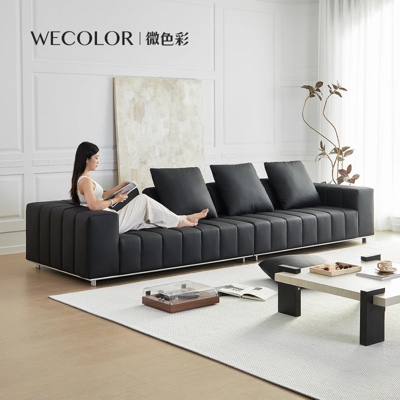 意式钢琴键沙发轻奢高端极简直排横厅大户型客厅黑色真皮沙发