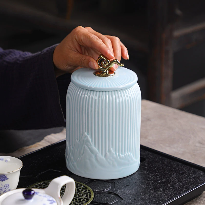 青瓷陶瓷密封罐醒茶罐简约家用高端大气大容量防潮红绿茶普洱茶罐