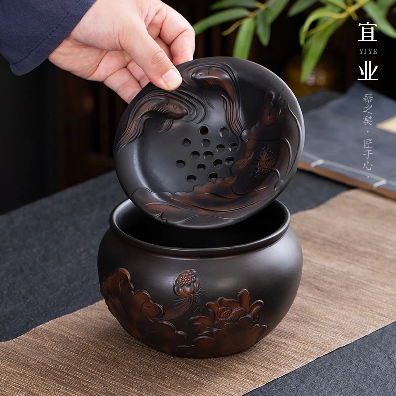紫陶荷韵建水茶渣缸茶洗水盂禅意复古高档大容量家用茶道配件中式