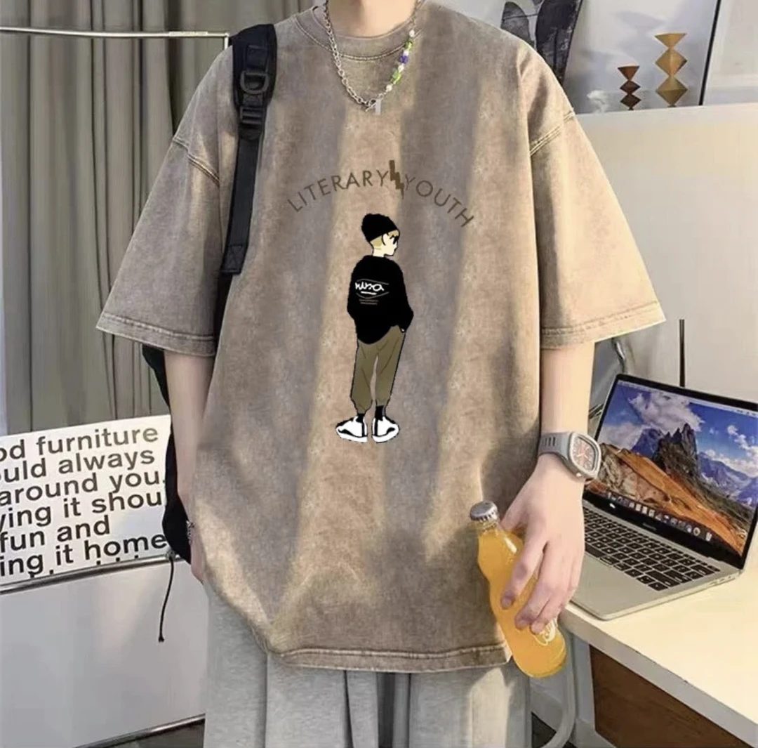 短袖男士2024新款夏季重磅纯棉半袖上衣美式水洗做旧复古高街t恤