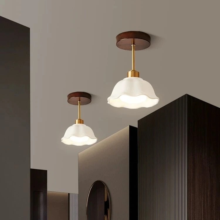 陶瓷设计师网红装饰玄关小吊灯新中式胡桃实木阳台灯走廊过道吊灯