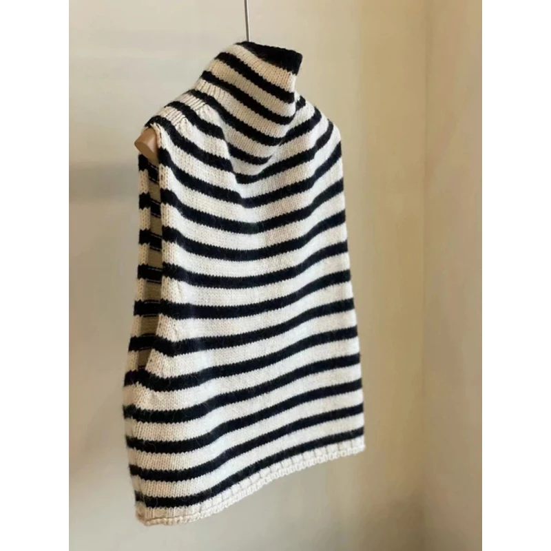 面料绝绝子！体感巨赞~高领针织衫慵懒风粗针条纹毛衣马甲背心女秋