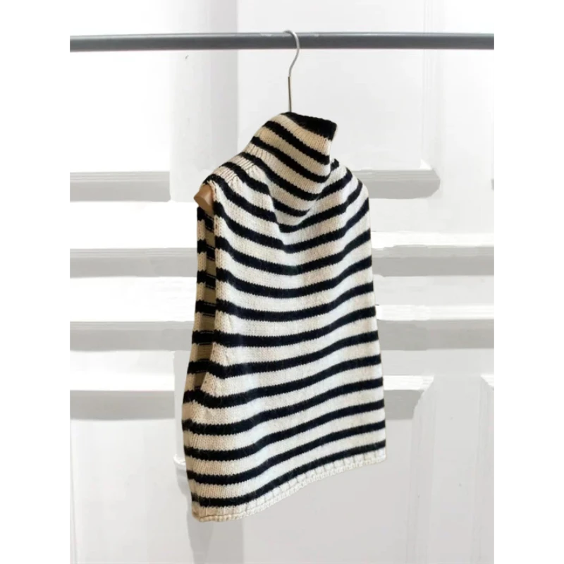 面料绝绝子！不能错过！~高领针织衫慵懒粗针条纹毛衣马甲背心女春