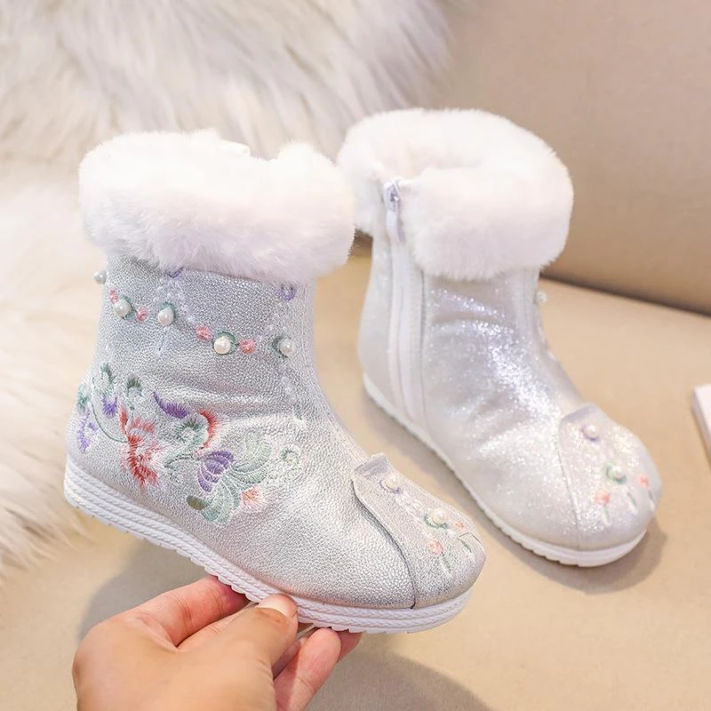 冬季女童汉服鞋拜年鞋儿童绣花鞋加绒加厚保暖棉鞋中国风古装棉靴