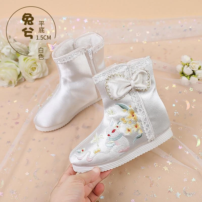 汉服女童冬靴绣花鞋宝宝刺绣中国风蝴蝶结兔子汉元素儿童小孩布鞋