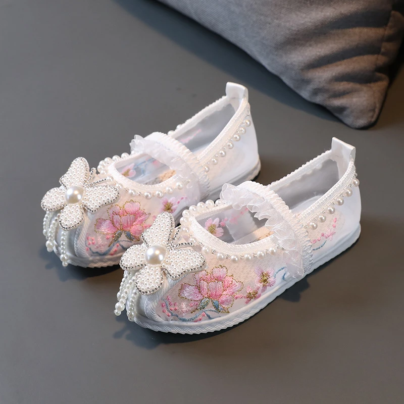 女童夏季汉服鞋子儿童可爱绣花鞋宝宝手工古装鞋公主鞋透气网纱鞋