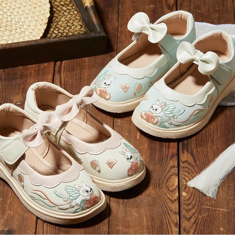 汉服鞋子女童春秋古装古风配旗袍小皮鞋宝宝儿童公主绣花童鞋春秋