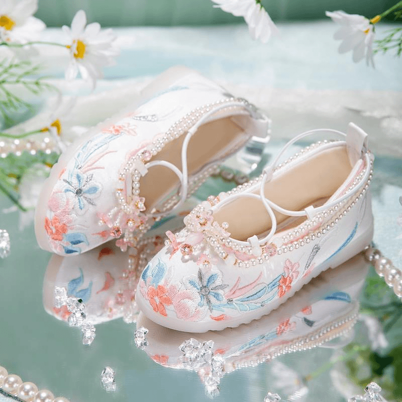 ladim/来点美 手工定制汉服鞋女童古风串珠配古装儿童绣花鞋宝宝手工布鞋