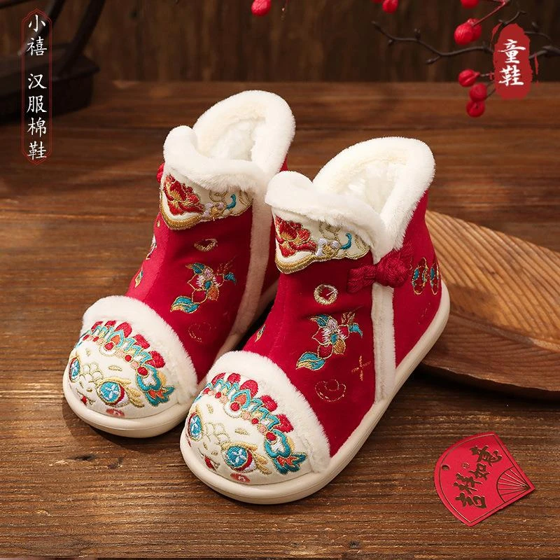 儿童刺绣花鞋中国风汉服靴冬季加绒加厚棉靴女童民族风老北京布靴