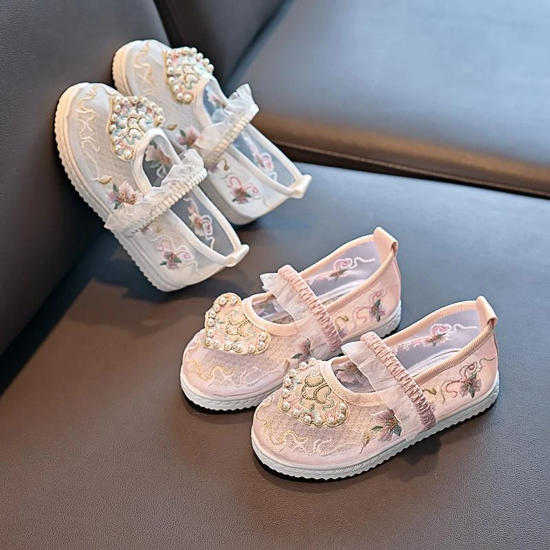 女童汉服鞋网纱透气夏季凉鞋儿童绣花鞋中国风老北京布鞋古装单鞋