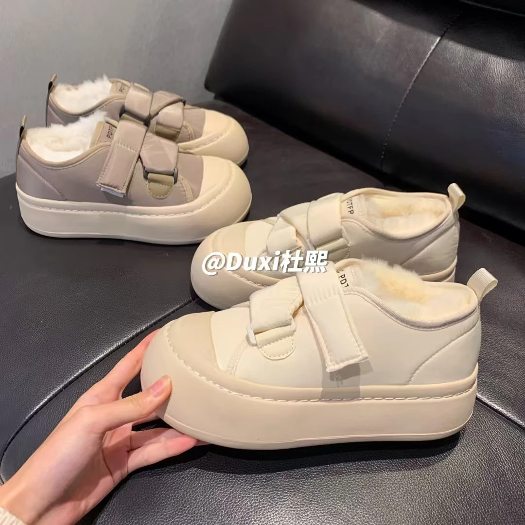 杜熙2024秋冬新款兔毛低帮魔术贴加绒韩版百搭软底面包鞋