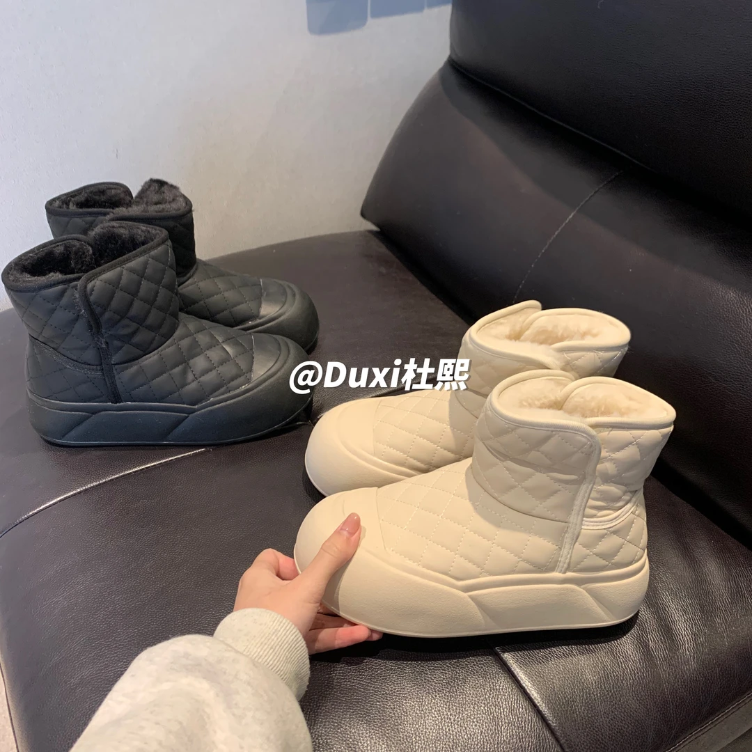 Duxi杜熙2024秋冬菱格黑白基础皮面厚底雪地靴棉鞋加厚保暖女鞋