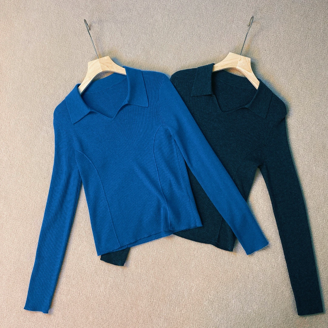 【小蛮腰】绵羊毛剪刀领软糯长袖显瘦针织衫气质纯色翻领