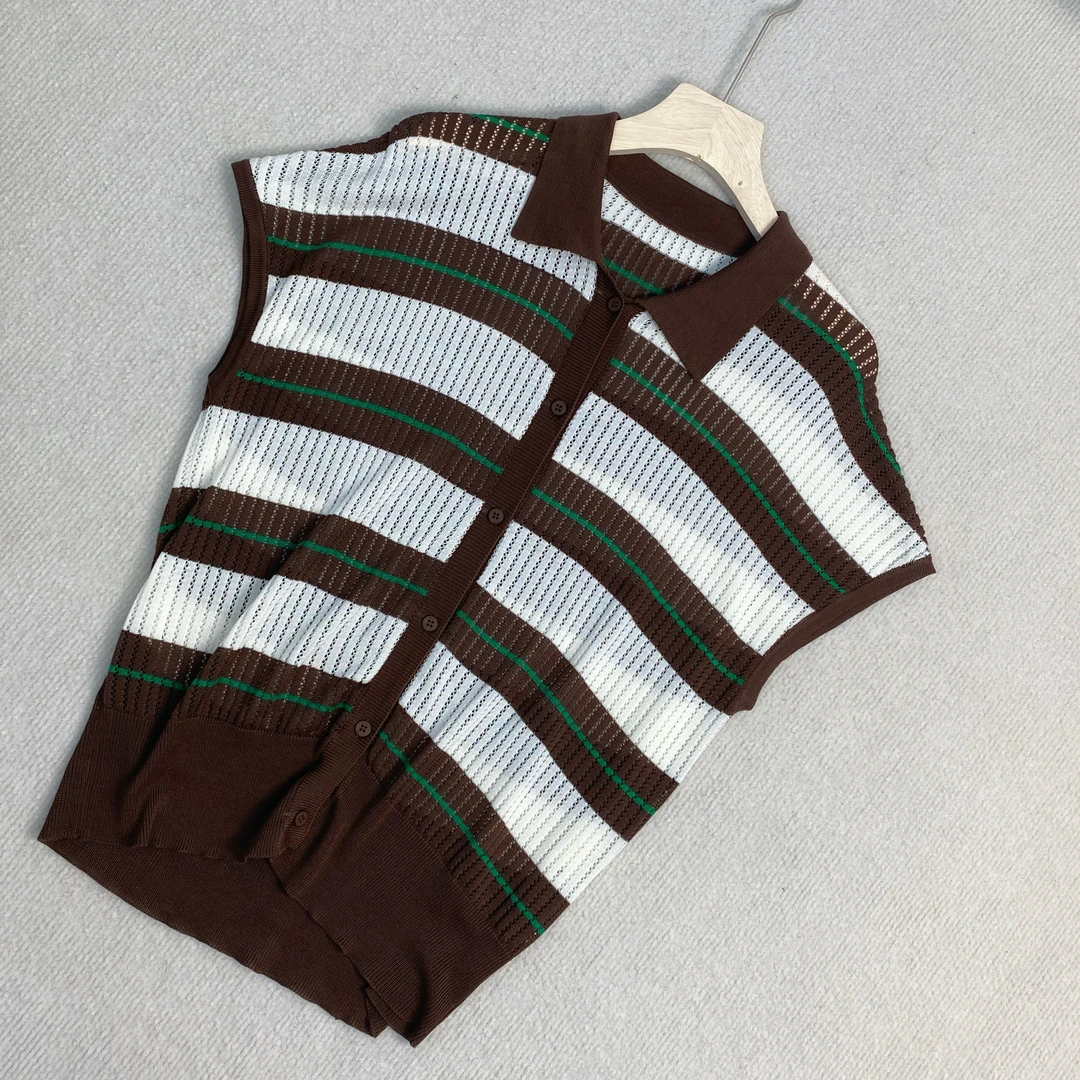 【100天丝】天丝镂空条纹短袖时尚针织衫红条纹毛衣网红韩版毛衫