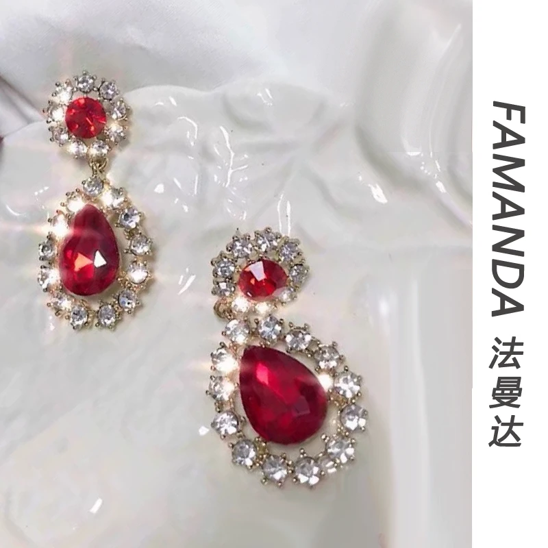 铜合金锆石耳饰 【红色水滴】气质修饰脸型复古百搭宫廷风耳环