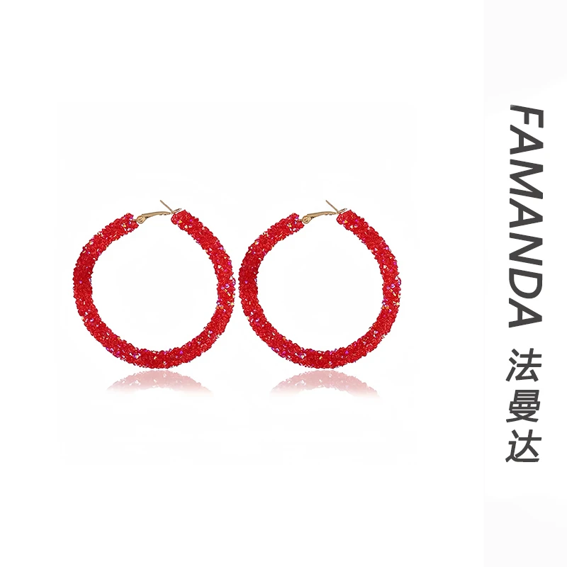铜合金锆石耳饰 【星光耳圈】时尚红色满钻大耳圈气质高级耳环