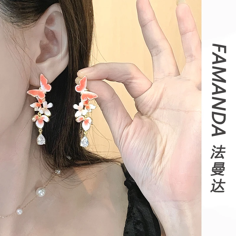 铜合金合成锆石耳饰 【蝶恋花】时尚小众设计蝴蝶花朵镶嵌高级耳环