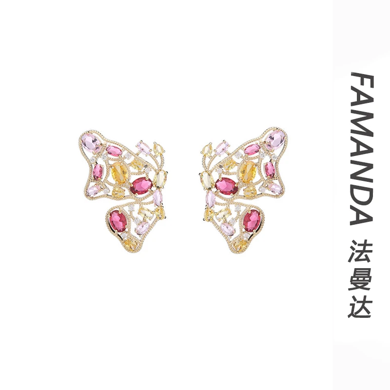 铜合金锆石耳饰 【琉璃蝶梦】高级气质锆石镶嵌蝴蝶镂空耳环