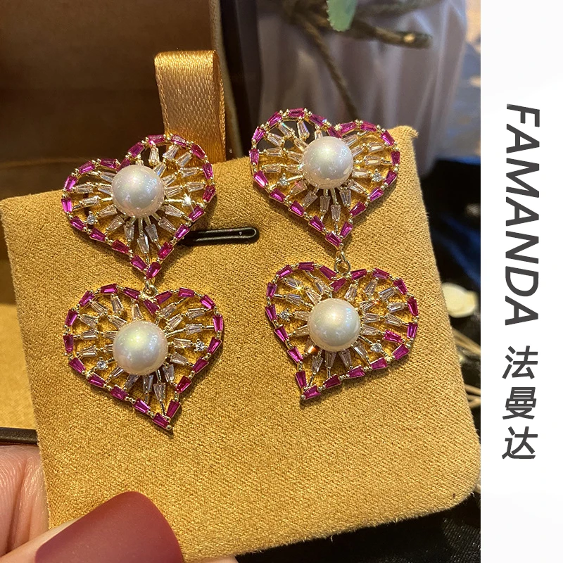 法曼达 铜合金合成锆石耳饰 【桃心珠珠】法式小众超仙甜美长款耳环