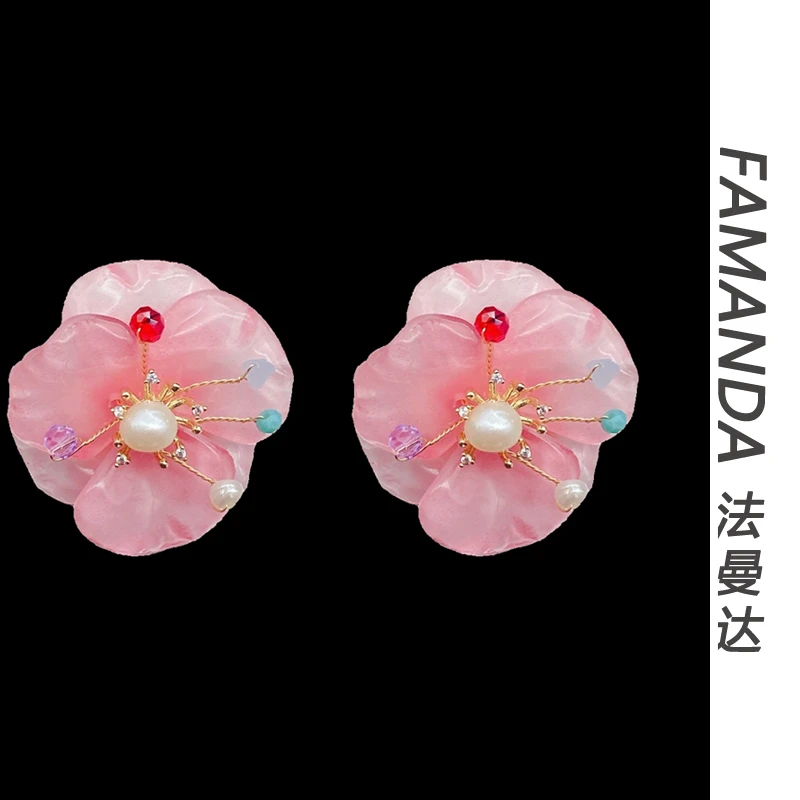 法曼达 铜合金合成锆石耳饰 【嫩粉之花】法式小众超仙减龄轻奢耳环