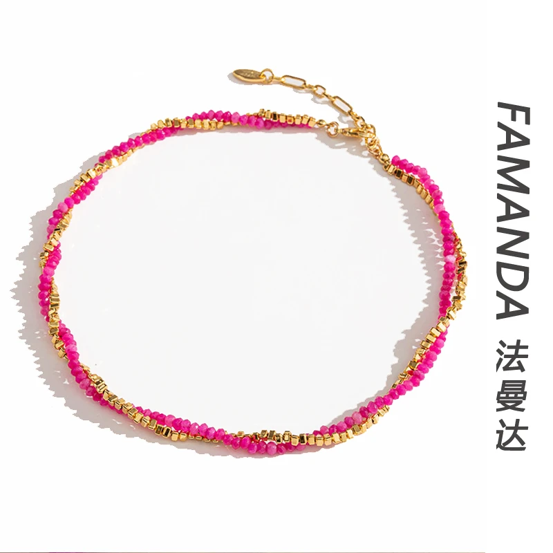 非金属仿水晶项链 【玫晶项链】双层设计玫粉色彩色时尚个性锁骨链