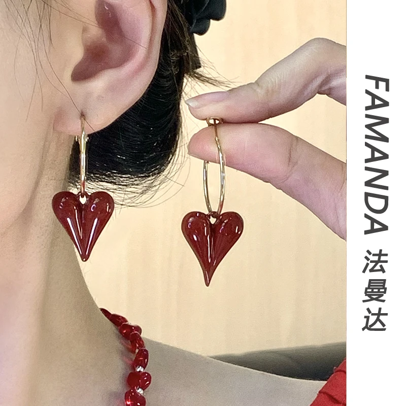 铜合金耳饰 【简单爱】一款两戴爱心耳圈红色桃心法式百搭时尚耳环