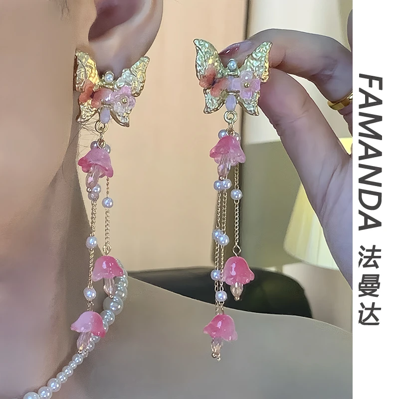 法曼达 铜合金亚克力耳饰 【莲花戏蝶】法式小众高级感长款重工耳环