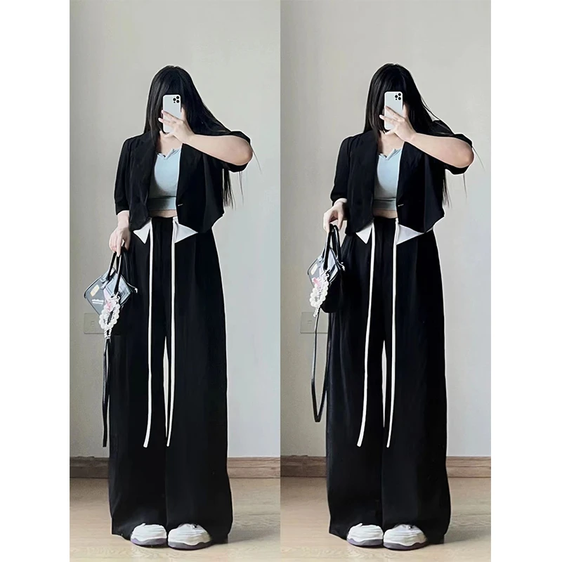 大码美式西装裤女春秋垂感拖地休闲裤宽松设计感甜酷风黑色裤子