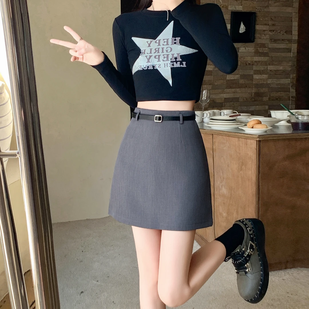 配腰带灰色西装半身裙女秋季新款高腰显瘦包臀短裙防走光a字裙子