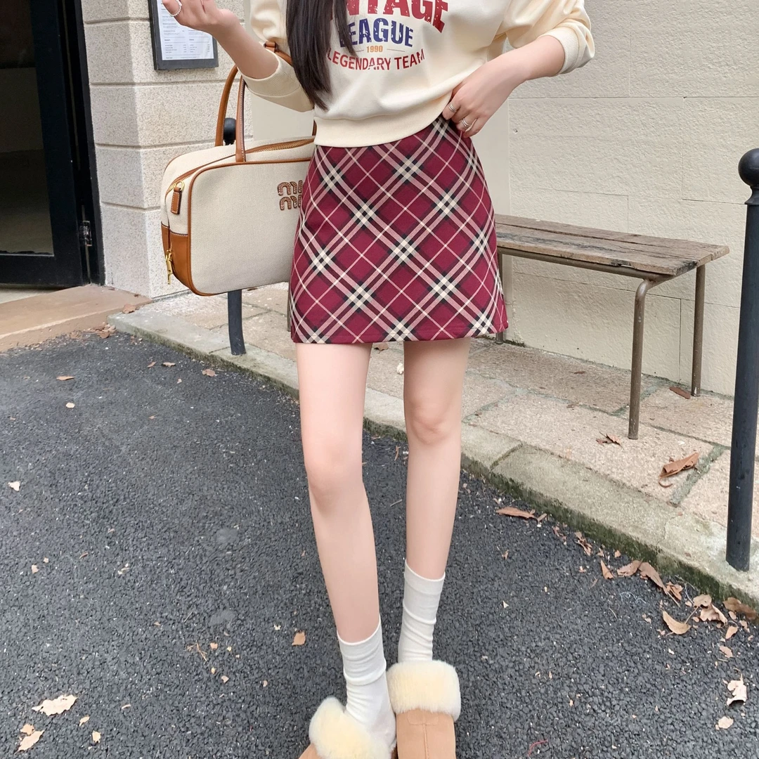 复古红格纹半身短裙夏季高腰包臀a字裙大码学院风胖mm百搭辣妹裙