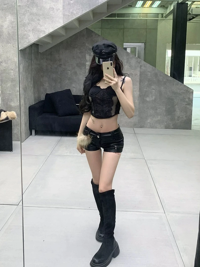 辣妹y2k韩流辣裤早期秋冬pu皮紧身毛边性感修身热辣低腰超短裤