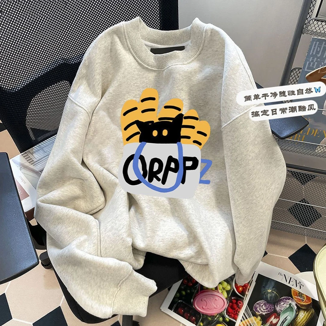 韩版纯棉圆领卫衣男女小众设计趣味卡通秋冬新款情侣加绒加厚外套