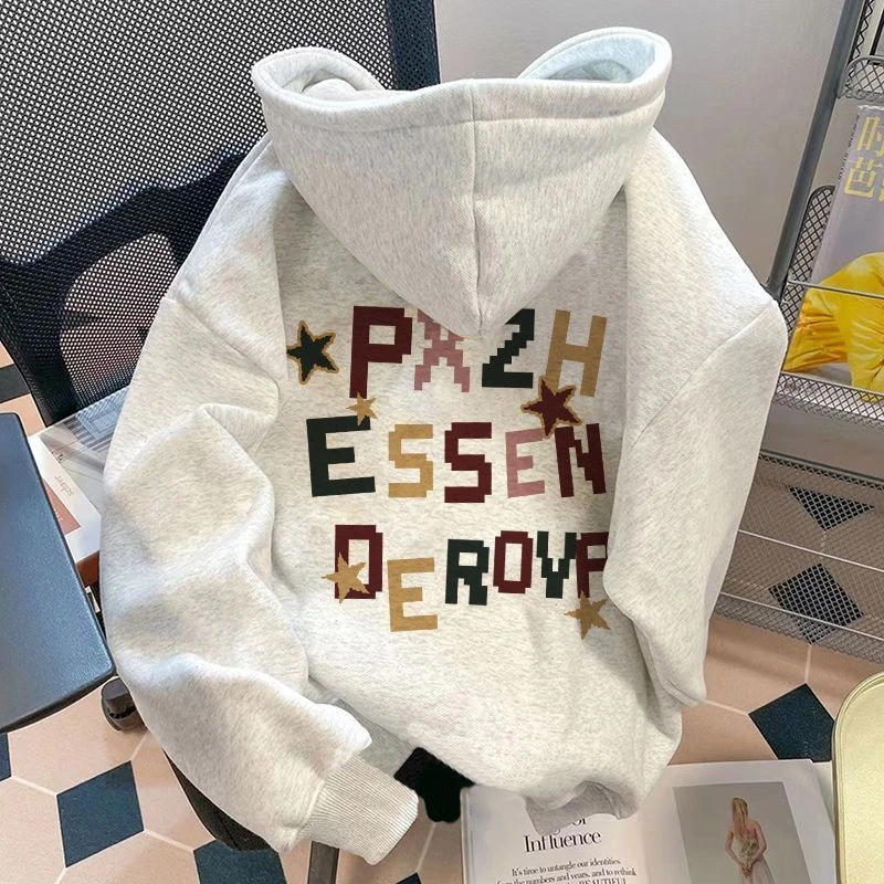 纯棉小众设计感字母印花连帽卫衣女秋冬宽松休闲百搭情侣上衣男女