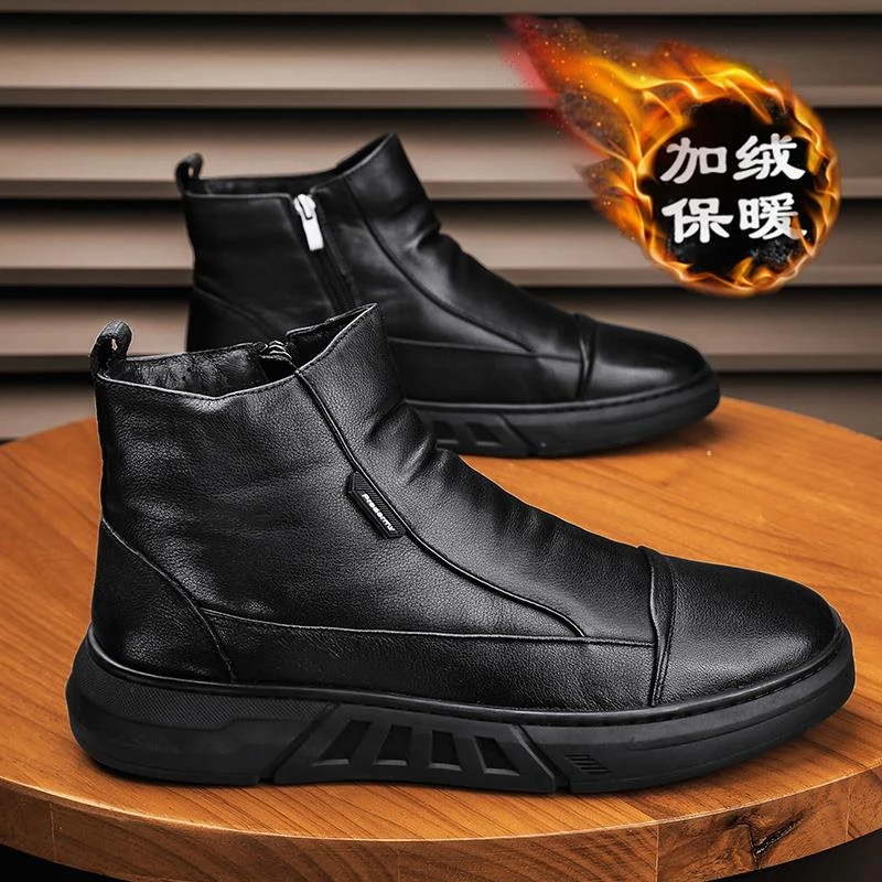 鸿星尔克棉鞋男冬季加绒保暖男士休闲皮鞋防水防滑百搭黑色软皮高